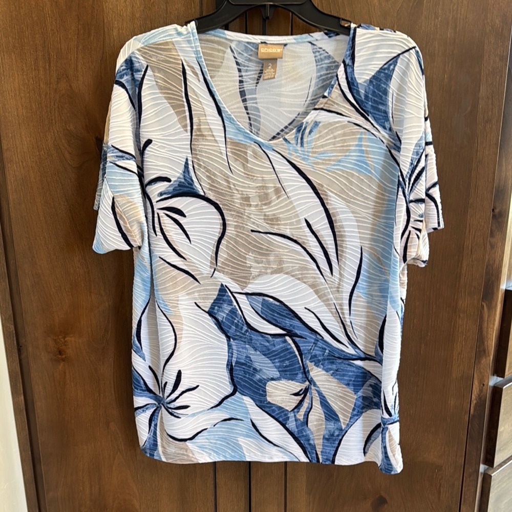 Chico's White and Blue Graphic Blouse Relaxed Style